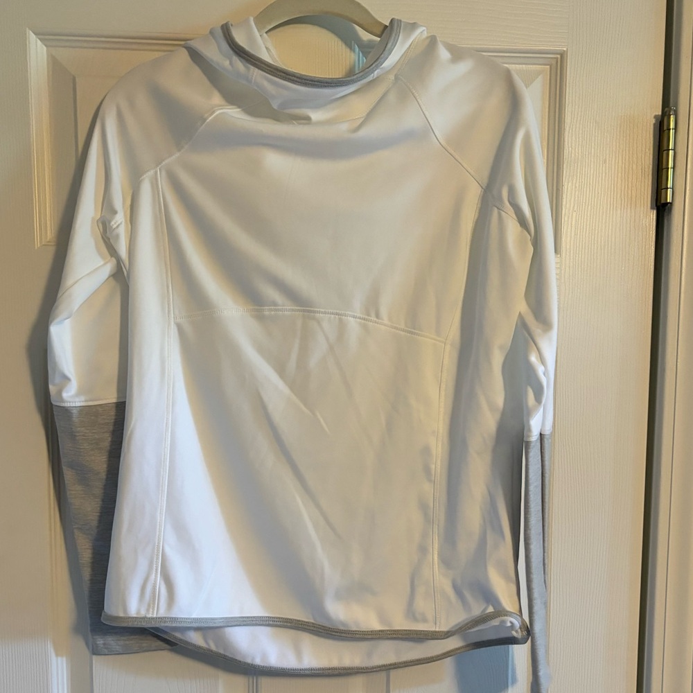 White Athletic Pullover Hoodie with Cowl Neck